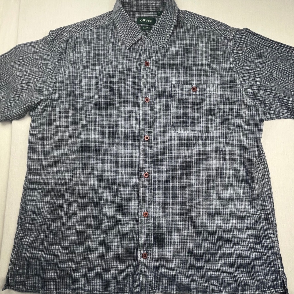 Orvis Mens XL Short Sleeve Button Down Shirt Hemp Lyocell Blend Navy Grid